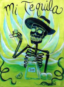 Artwork of a skeleton holding a tequila shot